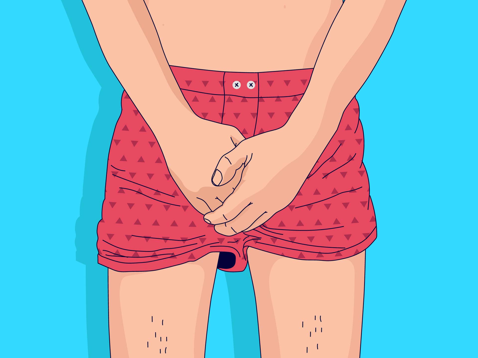 Illustration; Mann in Boxershort hält sich die Hände vor sein Geschlecht. Thema Beckenboden